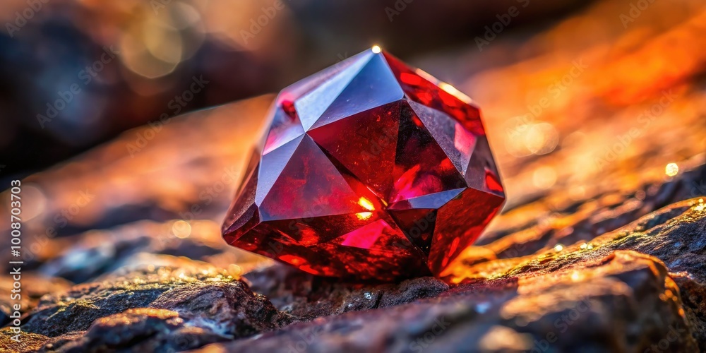 Stunning Deep Red Garnet Crystal on a Natural Stone Surface with Sparkling Reflections and Details Stunning Deep Red Garnet Crystal on a Natural Stone Surface with Sparkling Reflections and Details