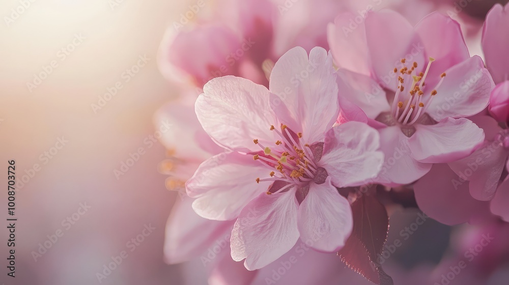 Delicate pink cherry blossom flowers blooming in soft sunlight, capturing the essence of spring's beauty and freshness. Delicate pink cherry blossom flowers blooming in soft sunlight, capturing the essence of spring's beauty and freshness.