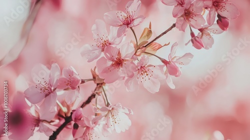 Delicate pink cherry blossom flowers in soft focus, creating a dreamy, serene atmosphere perfect for springtime imagery.