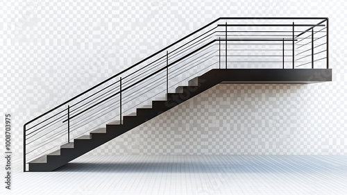 Elegant, 3-D modern staircase with minimalist railings floating on a transparent background, ideal for architectural projects 