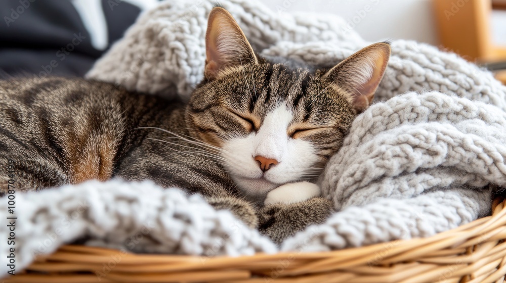 A cozy tabby cat peacefully sleeping in a woven basket with a soft blanket.