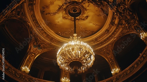 The stunning ceiling of the Opra Bastille, with its grand chandelier and intricate details. photo