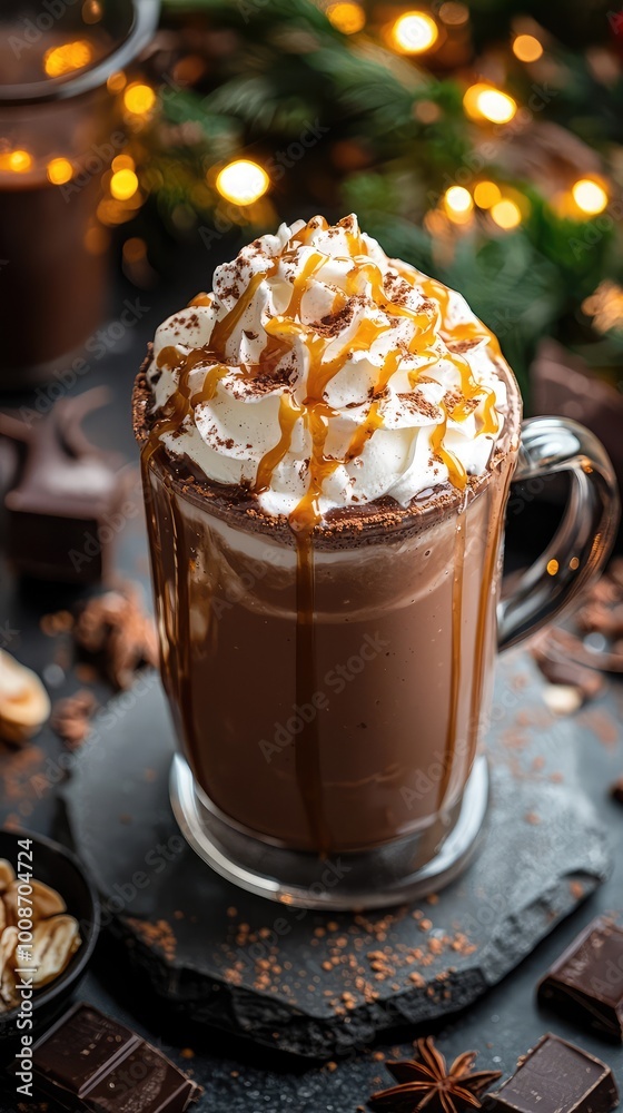 Delicious hot chocolate topped with whipped cream and drizzled caramel, perfect for festive occasions and cozy moments. Delicious hot chocolate topped with whipped cream and drizzled caramel, perfect for festive occasions and cozy moments.