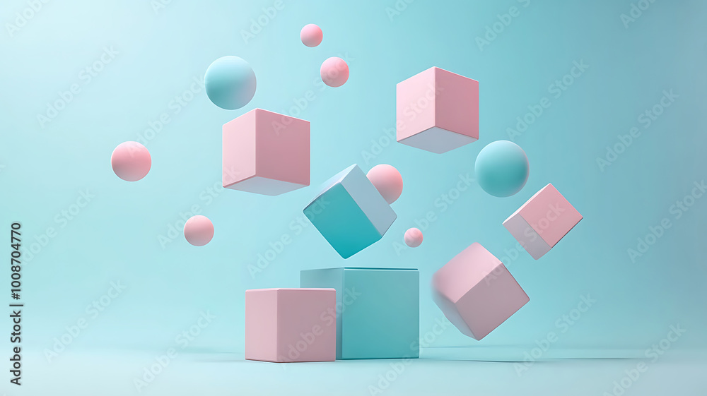 Of floating cubes and spheres in pastel tones, arranged in a balanced layout, modern 3D design