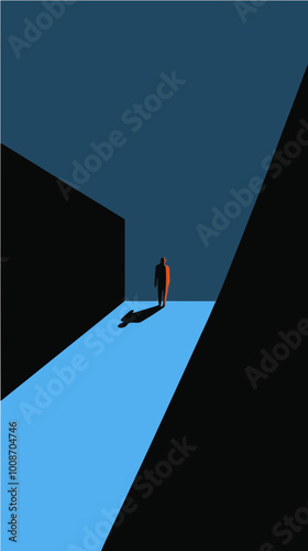 Minimalist vector of a lone figure walking in a dramatic, cinematic setting with bold shadows and lighting. Ideal for abstract, noir, and storytelling designs.