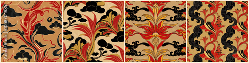 Set of oriental floral patterns with intricate abstract flowers in black, gold and red colors. Flat vector illustration, background.	 photo