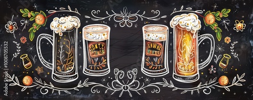 The image features a chalkboard-style Oktoberfest beer illustration with two frothy beer mugs surrounded by hops and leaves.