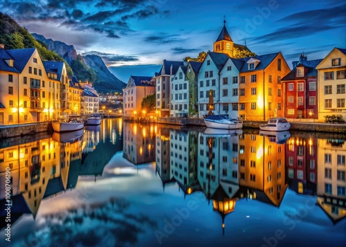 Stunning Night View of Alesund, Norway with Illuminated Buildings and Reflections on Water Surface