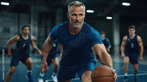 A group of athletes training on a basketball court, focusing on teamwork and skill development.