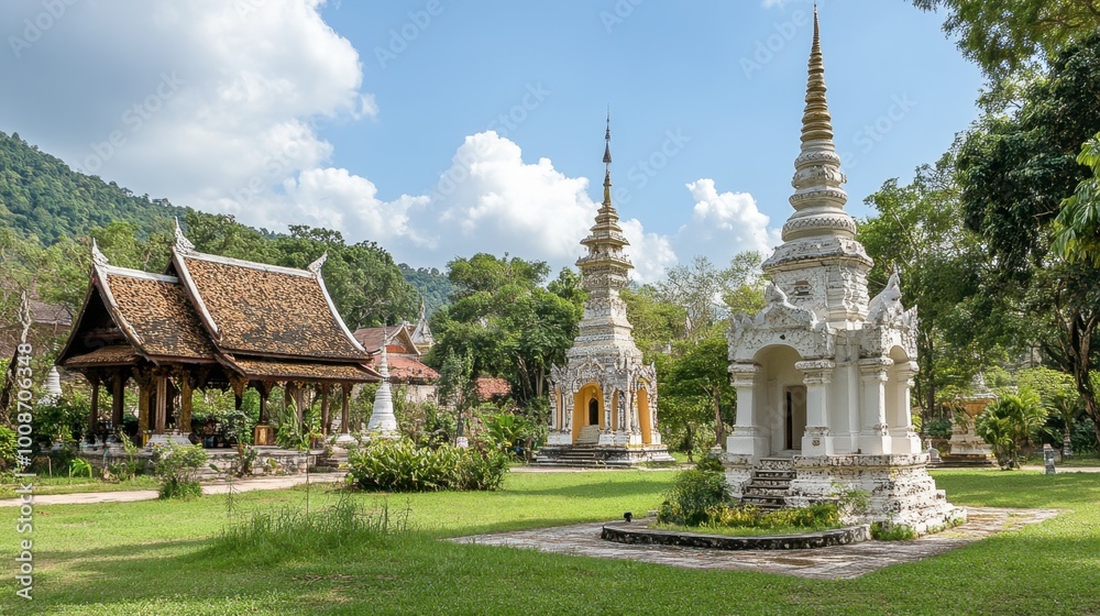 The tranquil setting of Wat Tham Khao Noi, with its intricate pagodas and peaceful gardens. The tranquil setting of Wat Tham Khao Noi, with its intricate pagodas and peaceful gardens.