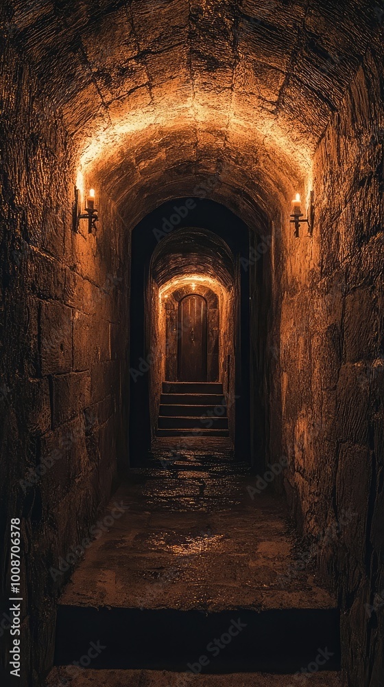 Dimly lit stone hallway with stairs leading to a mysterious wooden door, creating an atmospheric and enchanting ambiance. Dimly lit stone hallway with stairs leading to a mysterious wooden door, creating an atmospheric and enchanting ambiance.