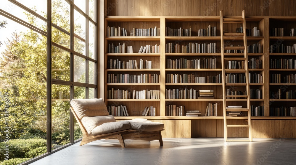 A modern rustic home library with wooden bookshelves