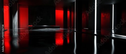 A black and red room with a red wall and a red floor