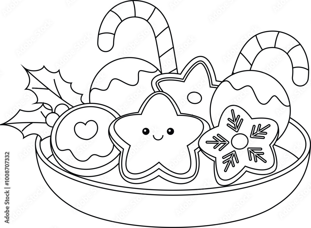 Holiday Cookie Outline Coloring Page. Christmas and Winter Illustration