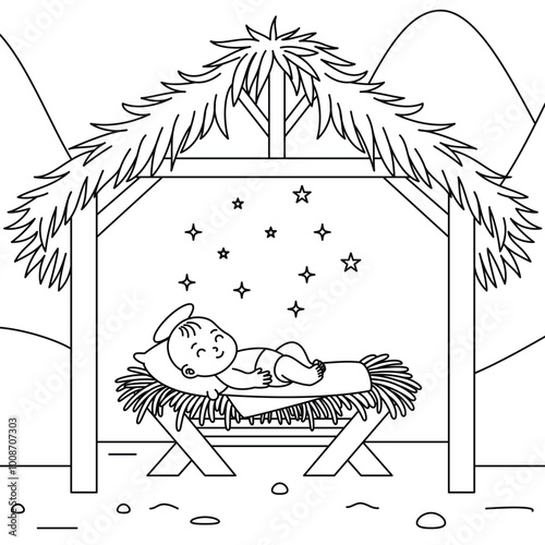 Christmas nativity scene of born child baby Jesus Christ in the manger. Biblical scene. Outline Coloring Page. Christmas and Winter Illustration