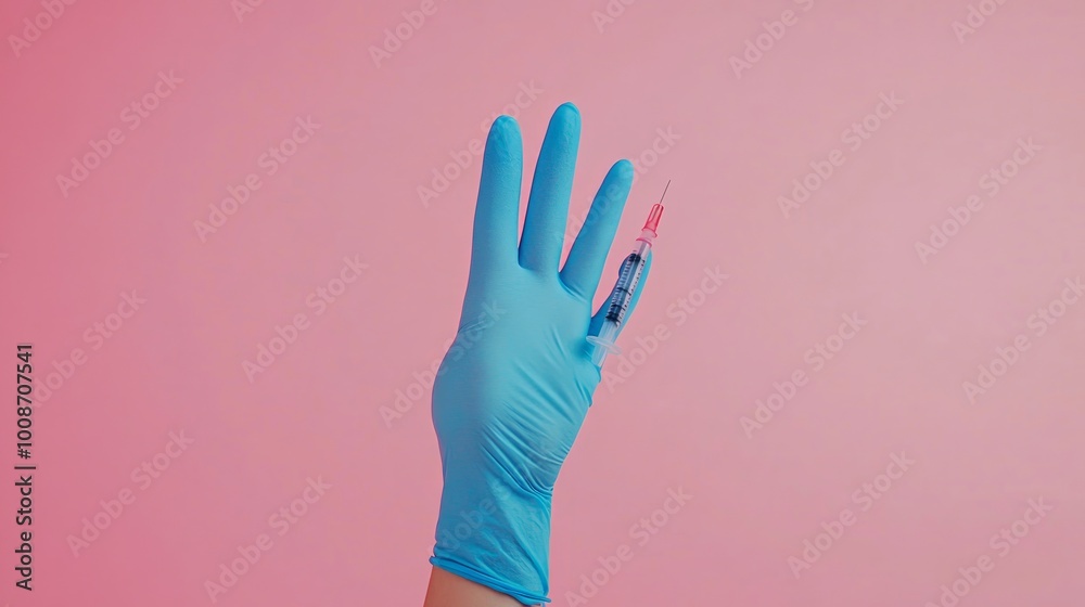 A gloved hand holds a syringe with a pink background. A gloved hand holds a syringe with a pink background.