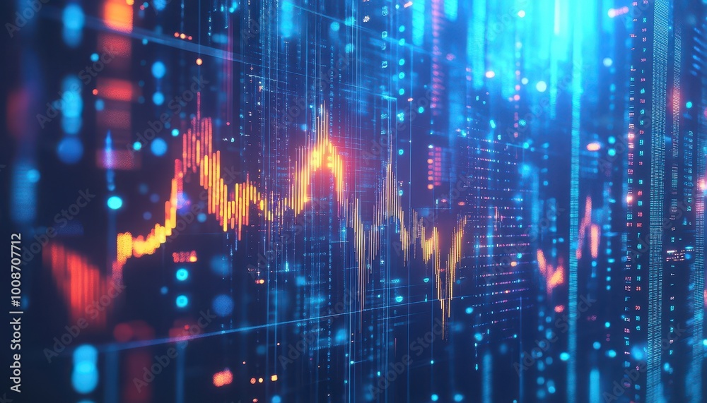 Fototapeta premium Abstract Data Visualization with Fluctuating Lines and Code