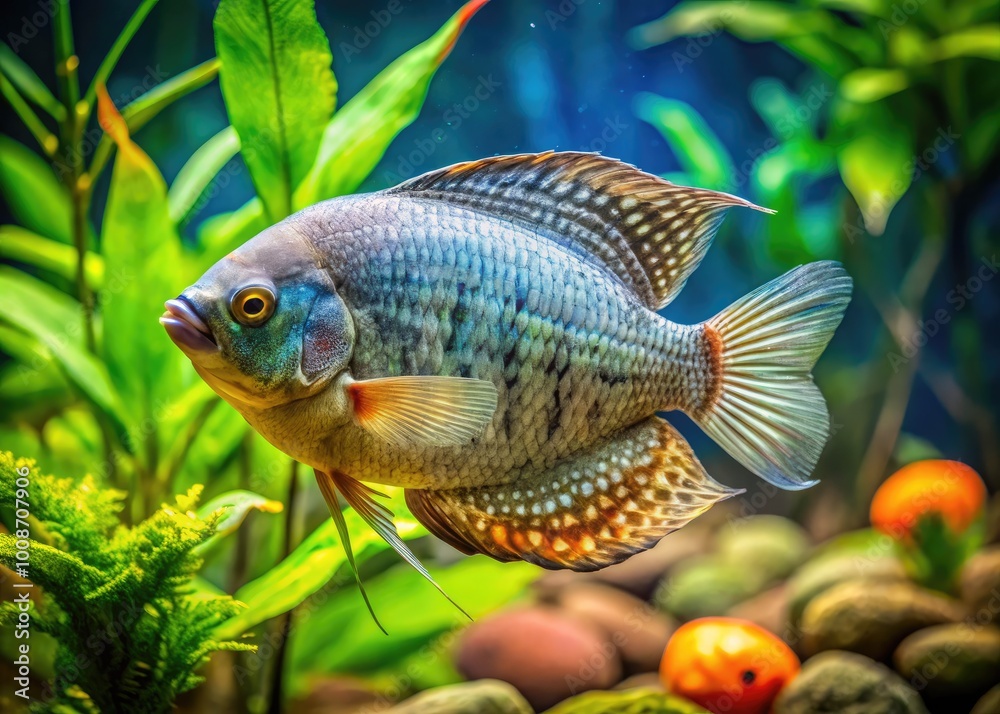 Fototapeta premium Stunning Snakeskin Gourami Swimming Gracefully in a Vibrant Freshwater Aquarium Environment
