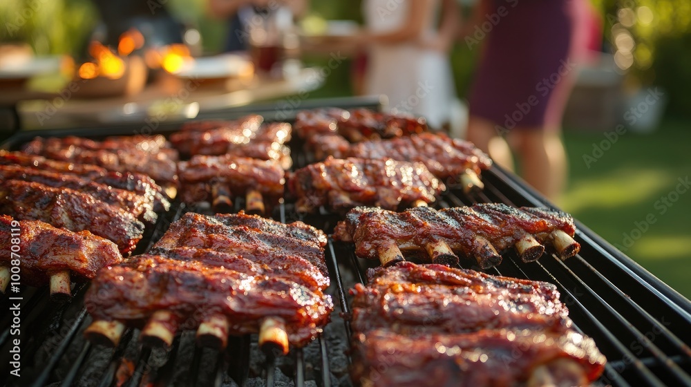 Juicy Barbecue Ribs on the Grill in Summer Gathering Juicy Barbecue Ribs on the Grill in Summer Gathering