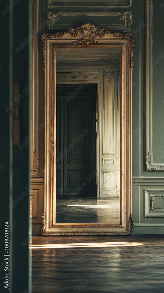 Elegant mirror reflecting a spacious room with classic design elements, showcasing a blend of light and shadow. Elegant mirror reflecting a spacious room with classic design elements, showcasing a blend of light and shadow.
