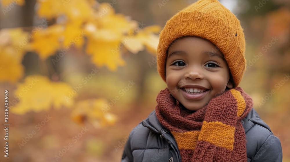 A cheerful boy in a hat and scarf is smiling while playing A cheerful boy in a hat and scarf is smiling while playing