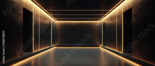 Fototapeta Naklejka Na Ścianę i Meble -  A dark room with a long hallway with a lighted wall