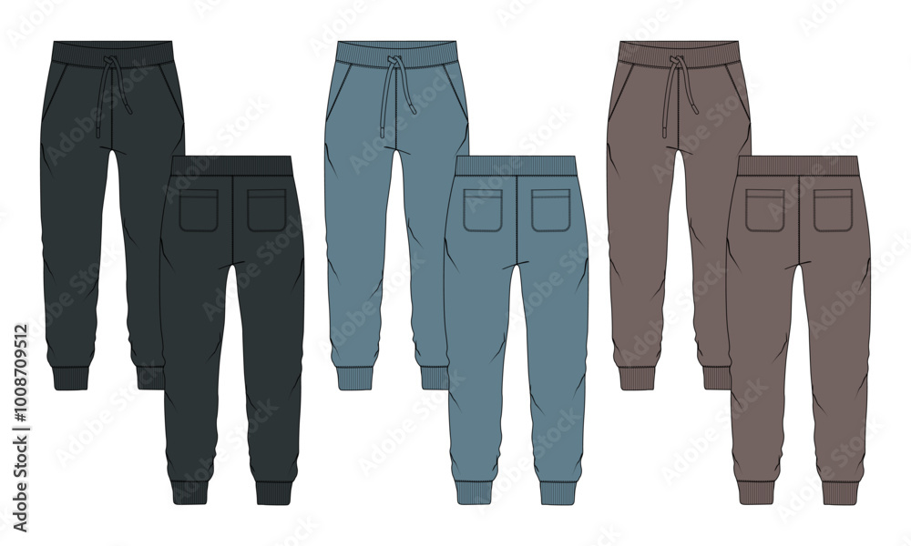 Fleece jersey Sweat pant With Cut and sew technical fashion flat sketch template front and back views. Apparel jogger pants vector illustration black khaki and blue color mock up for kids and boys. Fleece jersey Sweat pant With Cut and sew technical fashion flat sketch template front and back views. Apparel jogger pants vector illustration black khaki and blue color mock up for kids and boys.
