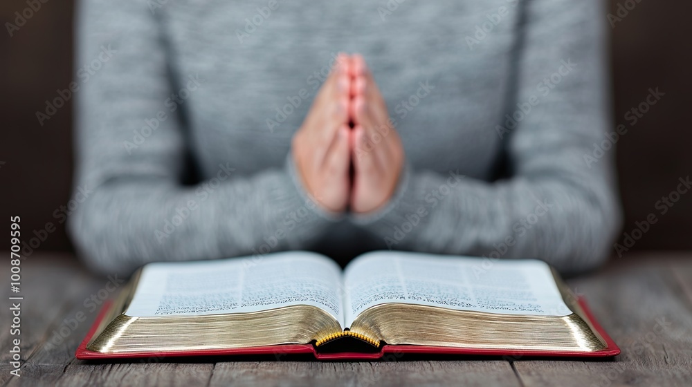 A person with clasped hands in prayer is positioned above an open book, symbolizing devotion and reflection. A person with clasped hands in prayer is positioned above an open book, symbolizing devotion and reflection.