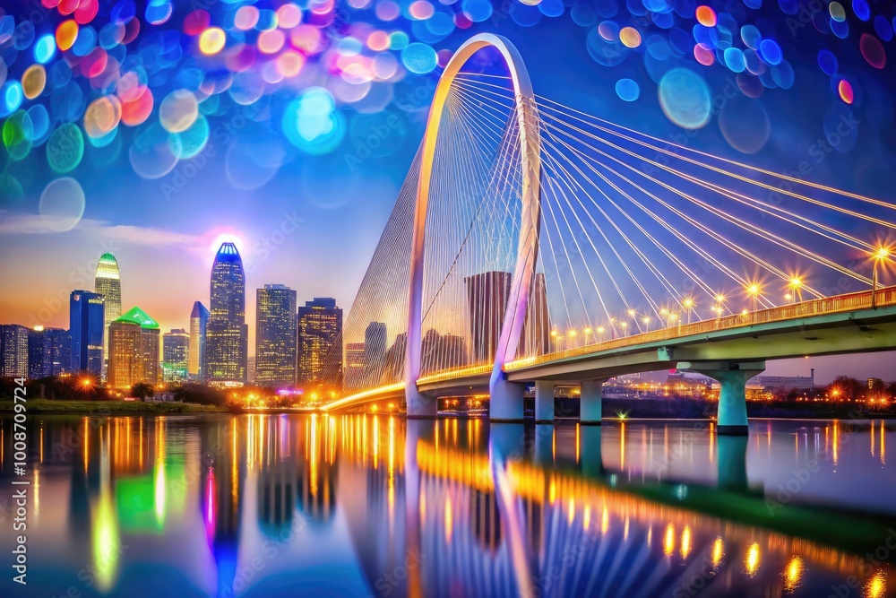 Obraz premium Stunning view of the Margaret Hunt Hill Bridge against a vibrant sunset sky in Dallas, Texas