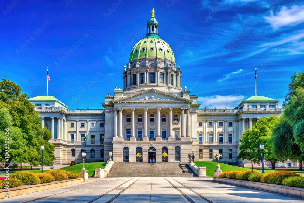 Obraz premium Stunning View of the Pennsylvania State Capitol Building in Harrisburg Under a Clear Blue Sky