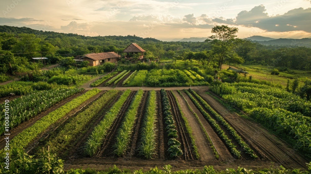 Fototapeta premium Lush Green Farmland with Rustic Houses at Sunset
