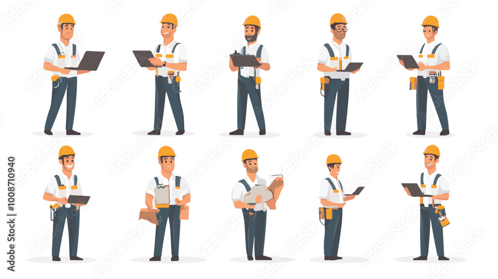 Set of engineer people working character vector design. Presentation in various action