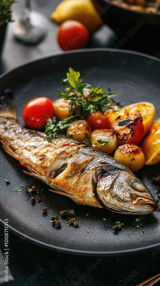 Grilled fish served with fresh vegetables and citrus, creating a vibrant and appetizing dish on a dark plate. Grilled fish served with fresh vegetables and citrus, creating a vibrant and appetizing dish on a dark plate.
