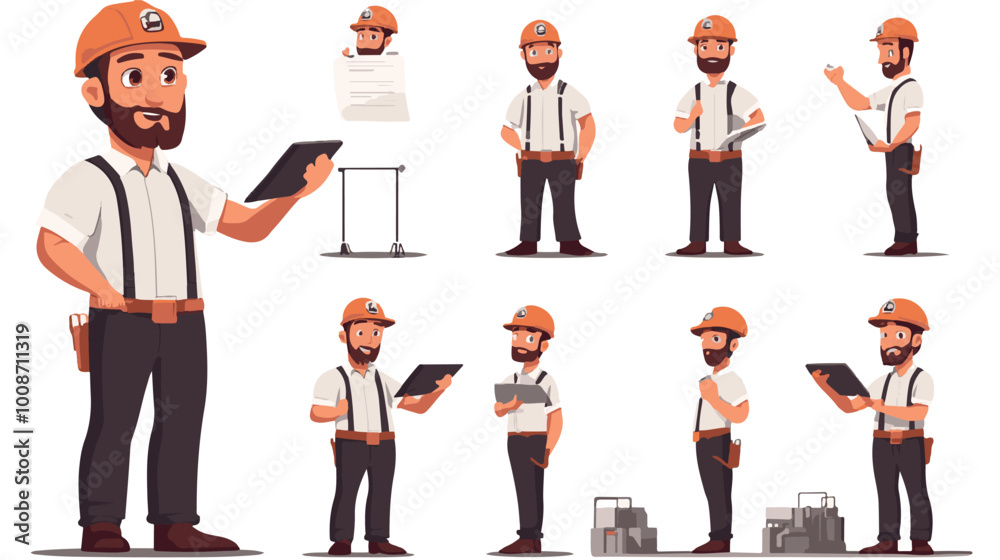 Set of engineer people working character vector design. Presentation in various action