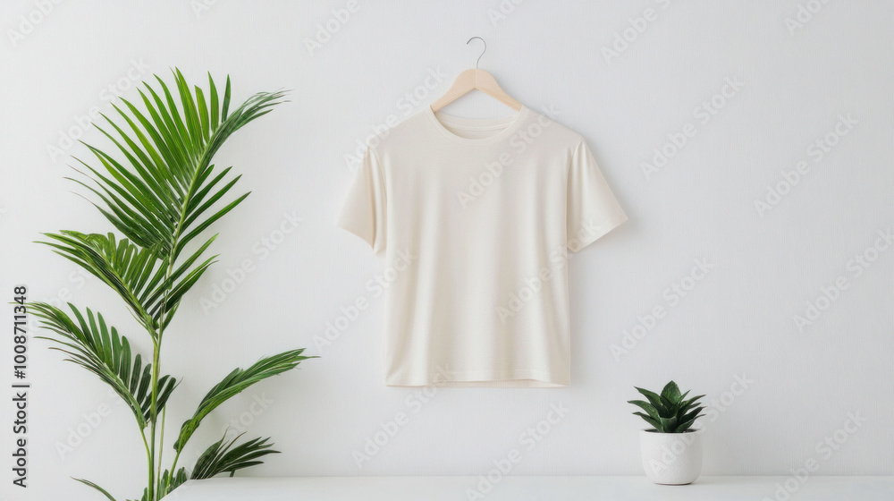 Minimalist flat lay of neutral t shirt hanging on white wall, surrounded by greenery, creating serene and stylish atmosphere Minimalist flat lay of neutral t shirt hanging on white wall, surrounded by greenery, creating serene and stylish atmosphere