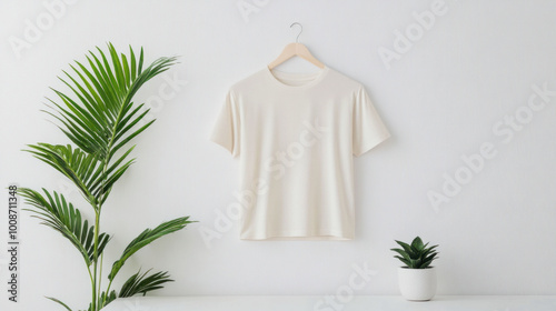 Minimalist flat lay of neutral t shirt hanging on white wall, surrounded by greenery, creating serene and stylish atmosphere