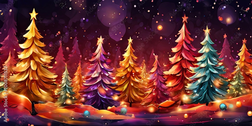 A colorful Christmas scene with many trees and a star A colorful Christmas scene with many trees and a star