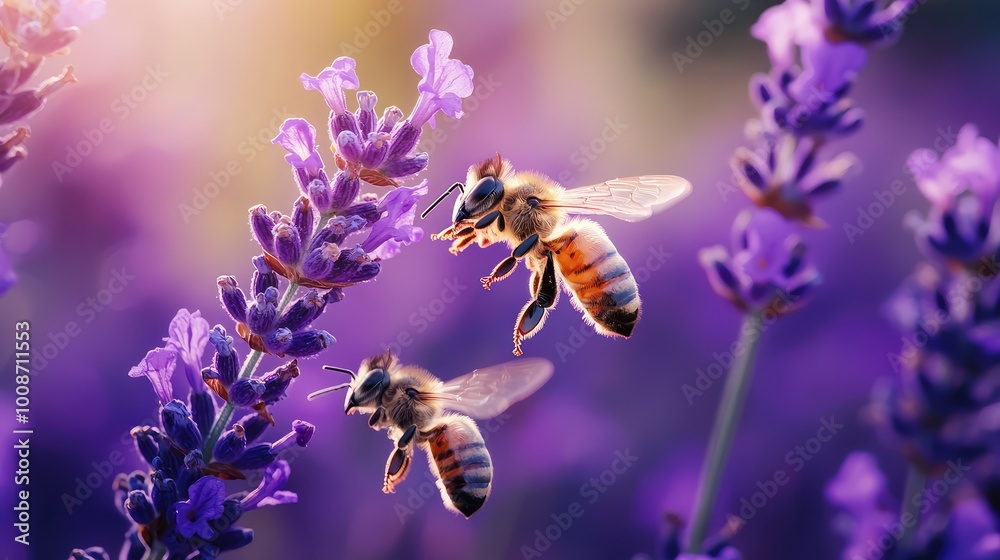 Honey bees pollinate vibrant lavender flowers, creating a serene and colorful scene in nature's garden. Honey bees pollinate vibrant lavender flowers, creating a serene and colorful scene in nature's garden.