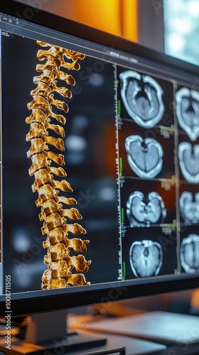 High-resolution spinal imaging displayed on a medical monitor, showcasing detailed vertebrae and cross-sectional views. photo