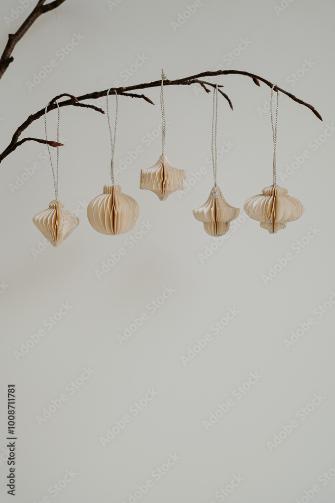 Paper Ornaments on Branches. Artistic Simplicity, Minimalist Design, Neutral Backdrop, Scandinavian Design Paper Ornaments on Branches. Artistic Simplicity, Minimalist Design, Neutral Backdrop, Scandinavian Design
