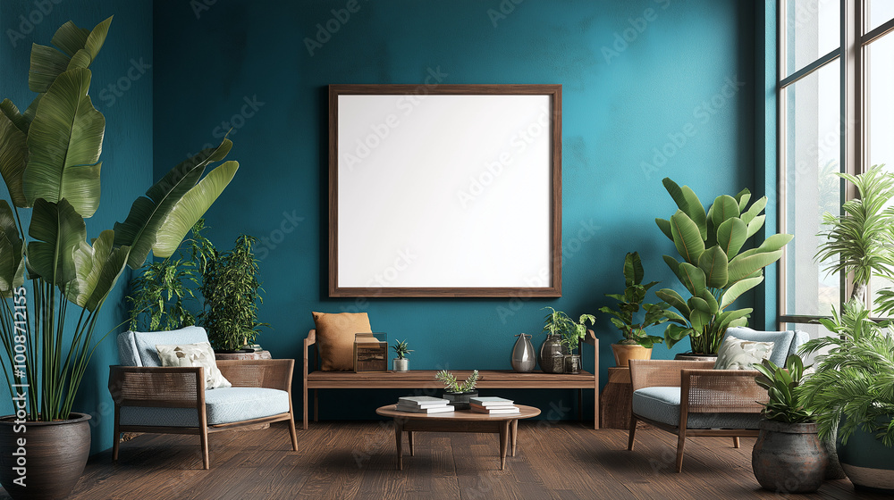 Fototapeta premium Blank frame mockup on a wall in a blue room with an armchair and plants. AI generation.