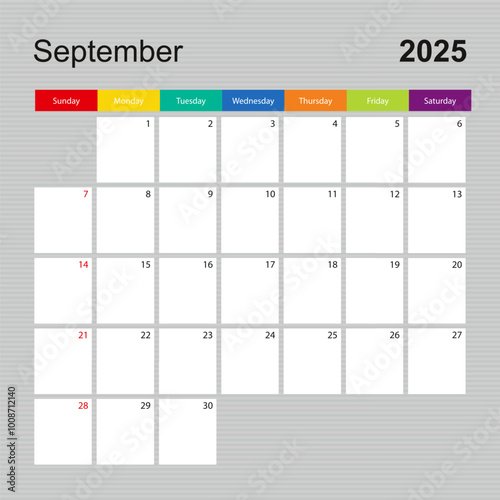 Calendar page for September 2025, wall planner with colorful design. Week starts on Sunday.