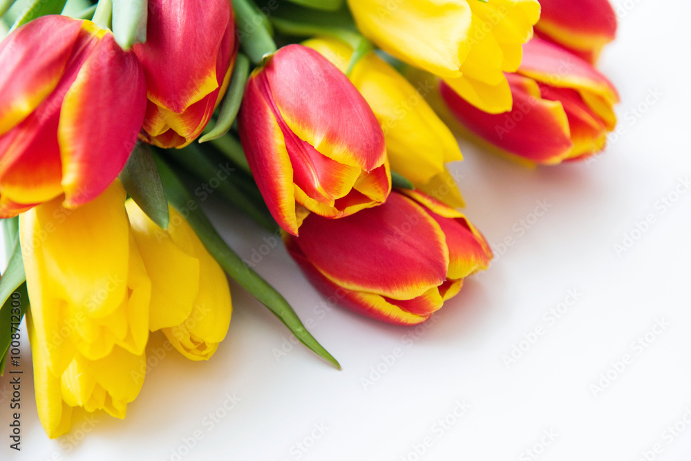Bouquet of flowers. Yellow and red Tulips on white background. Beautiful flowers for valentines and wedding scene. Valentines and 8 March Mother Women's Day concept. Bouquet of flowers. Yellow and red Tulips on white background. Beautiful flowers for valentines and wedding scene. Valentines and 8 March Mother Women's Day concept.