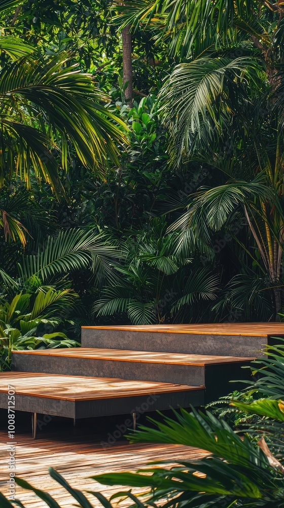 Fototapeta premium Lush greenery surrounding contemporary wooden steps in a tropical atmosphere, perfect for nature and landscape photography.