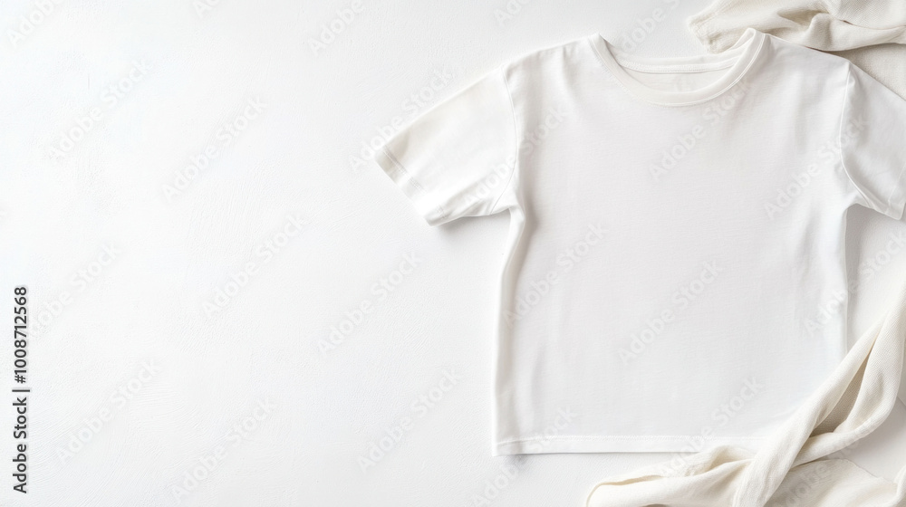 plain white t shirt is laid flat on clean white surface, accompanied by soft fabric. This minimalist setup highlights simplicity and versatility of shirt, perfect for casual wear plain white t shirt is laid flat on clean white surface, accompanied by soft fabric. This minimalist setup highlights simplicity and versatility of shirt, perfect for casual wear