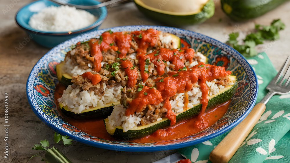 A colorful plate of stuffed zucchini (kousa mahshi), filled with rice and lamb, drizzled with a rich tomato sauce.
A colorful plate of stuffed zucchini (kousa mahshi), filled with rice and lamb, drizzled with a rich tomato sauce.