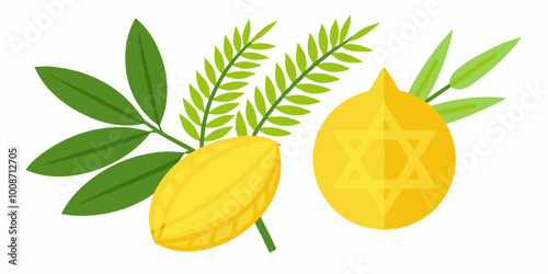 Jewish holiday symbol of sukkot with etrog, palm branch, willow, and myrtle leaves