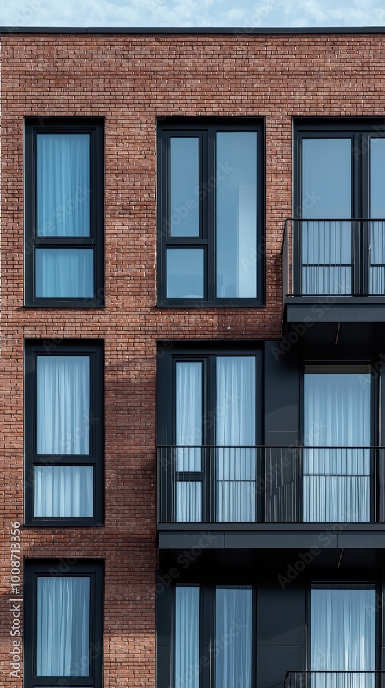 Modern apartment building facade featuring elegant brickwork, large windows, and stylish balconies with sheer curtains. Modern apartment building facade featuring elegant brickwork, large windows, and stylish balconies with sheer curtains.
