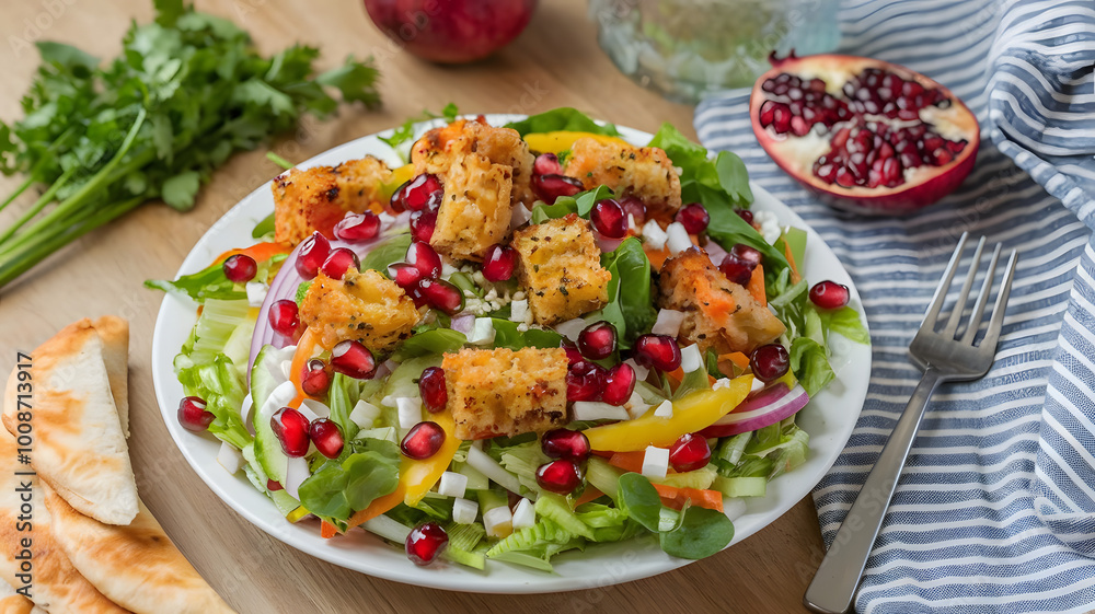 A plate of fresh fattoush salad, with bright, colorful vegetables and crispy pita croutons, drizzled with a tangy pomegranate molasses dressing.
A plate of fresh fattoush salad, with bright, colorful vegetables and crispy pita croutons, drizzled with a tangy pomegranate molasses dressing.