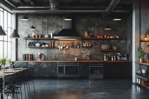 Modern industrial kitchen interior. This photo is ideal for showcasing a modern kitchen with exposed brick and industrial accents.